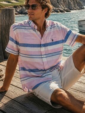 U.S. Polo Assn Button Down Shirt XXL Pink Blue Stripe Short Sleeve Preppy Spring